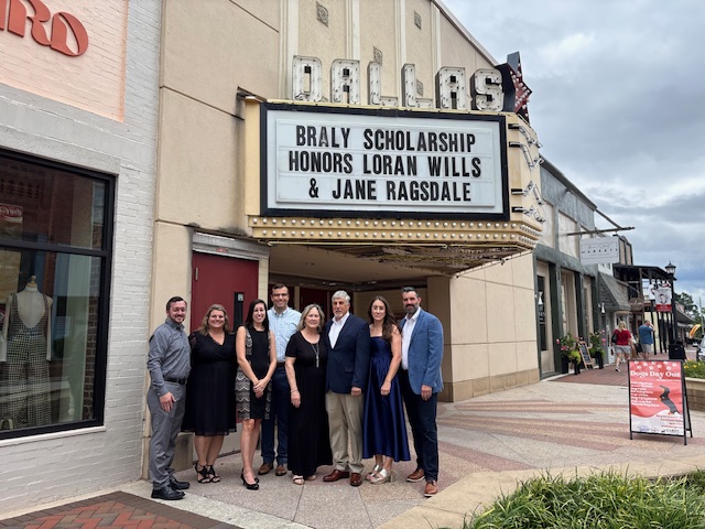 Supporters of the Braly Scholarship gathered beneath the Dallas Theater marquee